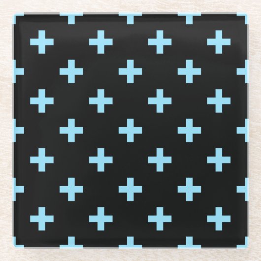 Blaue Pollka-Kreuze auf schwarz Glasuntersetzer (Vorderseite)