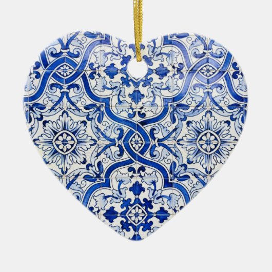 Blaue Portugiese Azulejo Herz-Weihnachtsverzierung Keramik Ornament (Vorne)