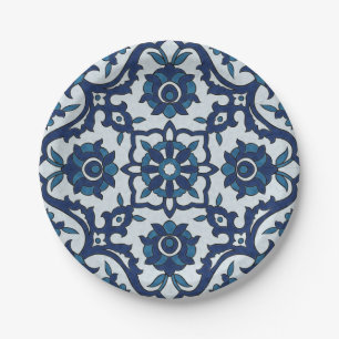 Blaue portugiesische Azulejos-Blumenfliesenmuster Pappteller