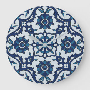 Blaue portugiesische Azulejos-Blumenkachel-Muster Große Wanduhr
