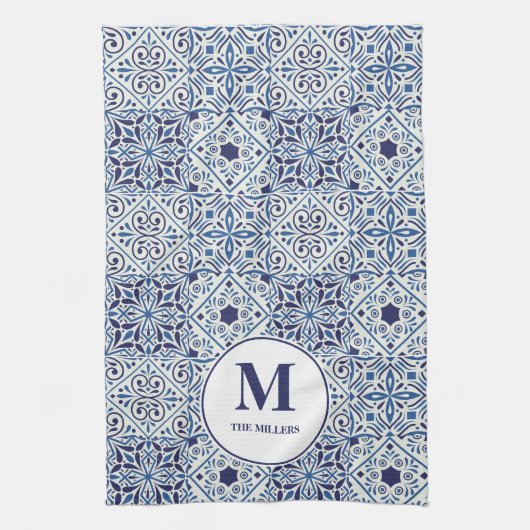 Blaue portugiesische Fliesen Mit Monogramm Geschirrtuch (Vertikal)