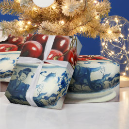Blaue Porzellan & Kirschen Geschenkpapier