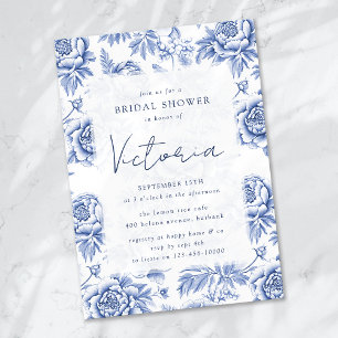 Blaue Porzellan-Toile-Blumen-Hochzeitsdusche Einladung