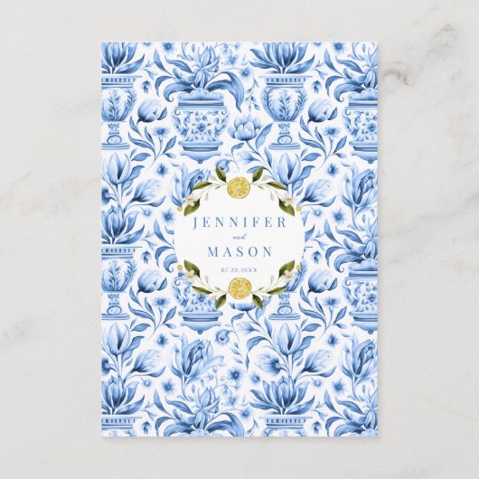 Blaue Porzellanlemon Italienische Karten für Hochz (Rückseite)