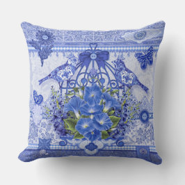Blaue Porzellanvögel und Birdcage Kissen