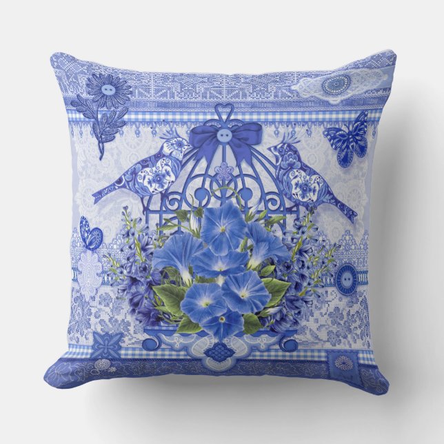 Blaue Porzellanvögel und Birdcage Kissen (Vorderseite)