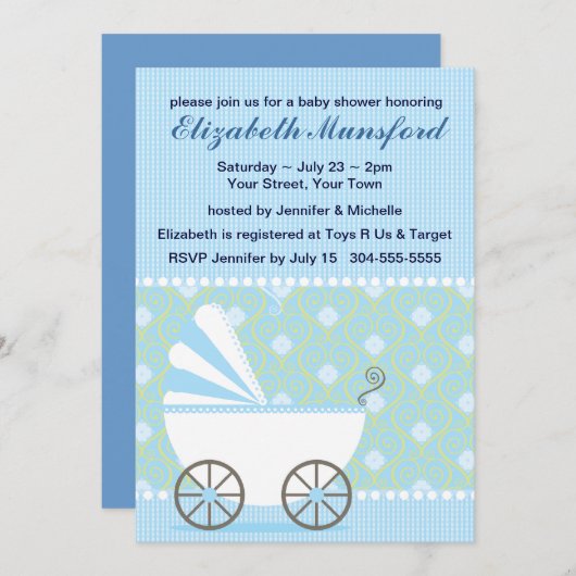 Blaue Pram-Babyparty Einladung (Vorne/Hinten)