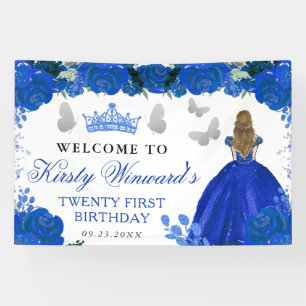 Blaue Prinzessin mit blondem Haar, floraler Geburt Banner
