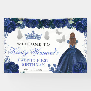 Blaue Prinzessin mit roten Haaren, Blumen zum Gebu Banner