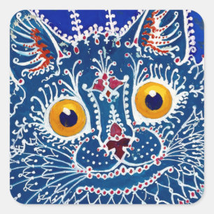 Blaue psychedelische Katzenkunst von Louis Wain Quadratischer Aufkleber