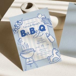 Blaue Punkt-Punkte-BBQ-Paar-Baby-Q-Baby-Party Einladung