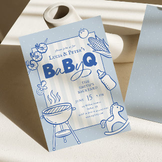 Blaue Punkt-Punkte-BBQ-Paar-Baby-Q-Baby-Party Einladung