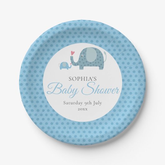 Blaue Punkte Elefanten Babyparty / Sprinkle Pappteller (Vorderseite)