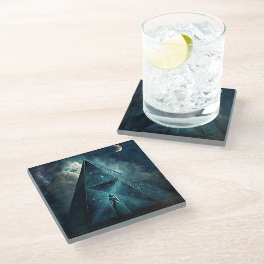 Blaue Pyramide Surreale Visionäre Kunst Glasuntersetzer (Schrägansicht)