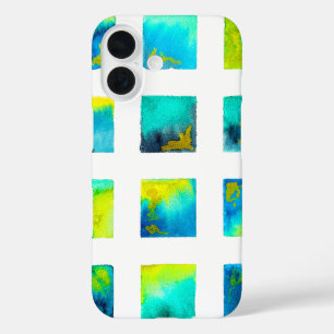Blaue Quadrate Wasserfarbe abstrakt iPhone 16 Hülle