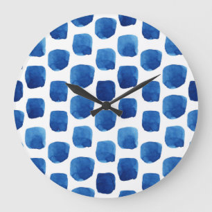 Blaue Quadrate, Wasserfarbe nahtloses Muster. Große Wanduhr