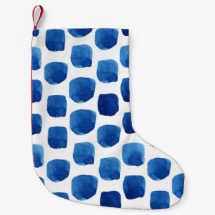 Blaue Quadrate, wasserfarbenes, nahtloses Muster. Kleiner Weihnachtsstrumpf