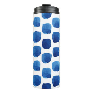 Blaue Quadrate, wasserfarbenes, nahtloses Muster. Thermosbecher