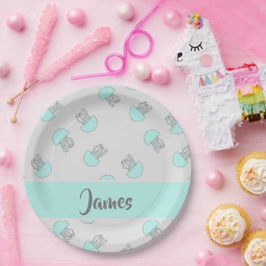 Blaue Qualle auf grau Pappteller (Party)