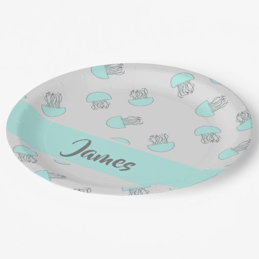 Blaue Qualle auf grau Pappteller (Schrägansicht)