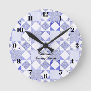 Blaue Quiltuhr, Nähzimmer, Quilt-Dekoration Runde Wanduhr