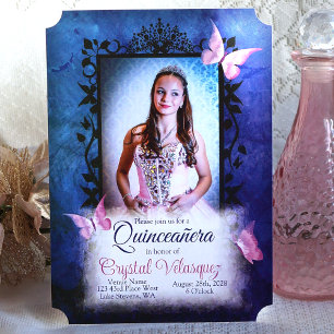 Blaue Quinceanera Einladung, rosa Schmetterlinge Einladung