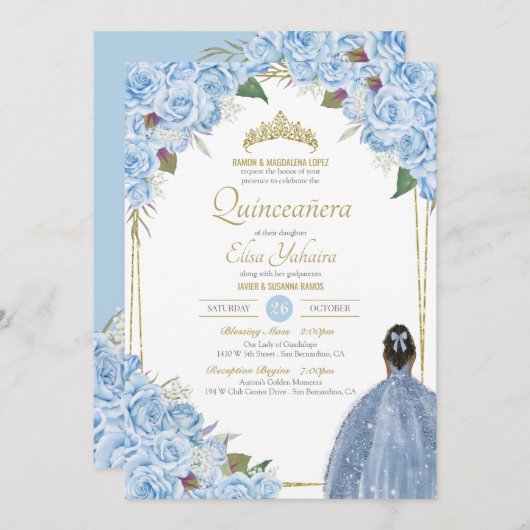 Blaue Quinceanera Rose Piazza della Riforma Einladung (Vorne/Hinten)