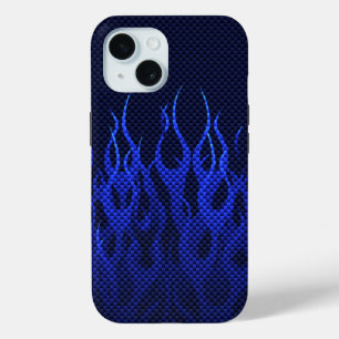 Blaue Racing Flammen auf Carbon Fibre Print iPhone 15 Hülle
