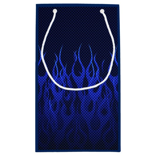 Blaue Racing Flammen auf Carbon Fibre Print Kleine Geschenktüte (Rückseite)