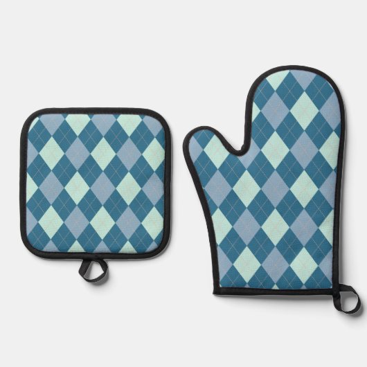 Blaue Raute Vintages Muster Ofenhandschuh & Topflappen-Set (Vorderseite)