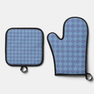 Blaue Rautenmuster-Schachbrett Ofenhandschuh & Topflappen-Set