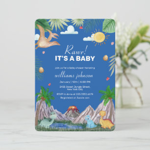 Blaue Rawr-Vulkan-Berg-Dinosaurier-Baby-Party Einladung