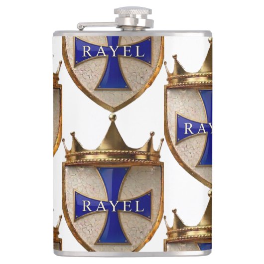 Blaue RayEl Crest Vinyl umhüllte Flasche Flachmann (Vorderseite)