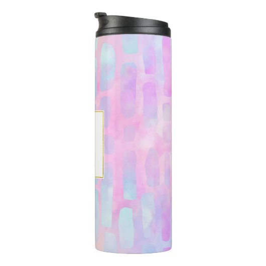 Blaue Rechteck-Formen auf rosa Hintergrundmonogram Thermosbecher (Nach rechts gedreht)