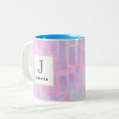 Blaue Rechteck-Formen auf rosa Hintergrundmonogram Zweifarbige Tasse (Vorderseite Links)