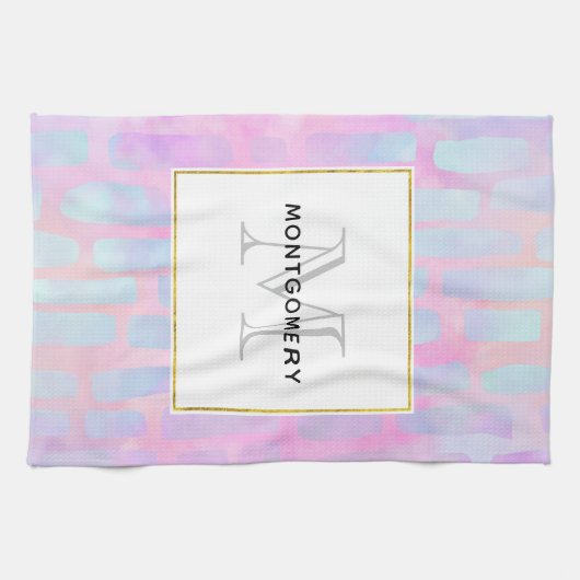 Blaue Rechteck-Formen-Muster Monogram Geschirrtuch (Horizontal)