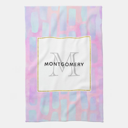 Blaue Rechteck-Formen-Muster Monogram Geschirrtuch (Vertikal)