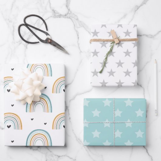 Blaue Regenbogenbrücke und Sterne Geschenkpapier Set (Vorderseite)