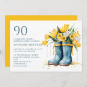Blaue Regenboots Gelbe Tulips 90. Geburtstag Einladung (Vorne/Hinten)