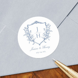 Blaue Regency-Blumen-Wappen-Monogramm-Hochzeit  Runder Aufkleber
