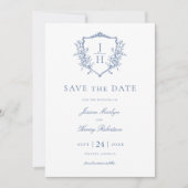 Blaue Regency-Blumen-Wappen-Monogramm-Hochzeit Save The Date (Vorderseite)