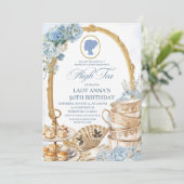 Blaue Regency-High-Tea-Geburtstagsfeier Einladung (Stehend Vorderseite)