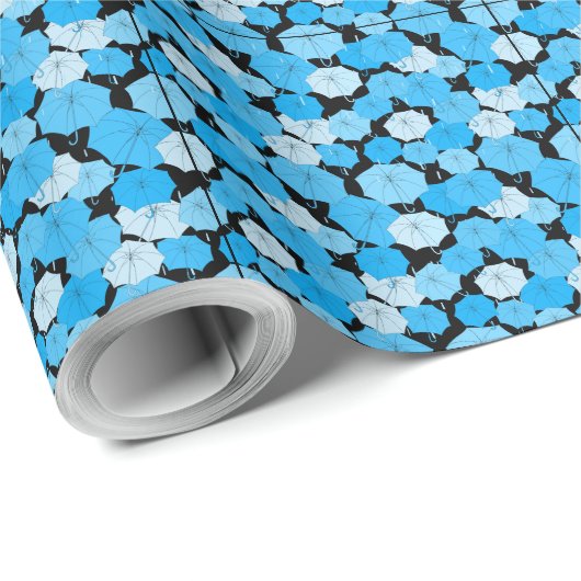 Blaue Regenschirme Muster 01 Schwarze BG Geschenkpapier (Rolleneckpunkt)