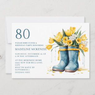 Blaue Regenstiefel Gelbe Tulpen 80. Geburtstag Einladung