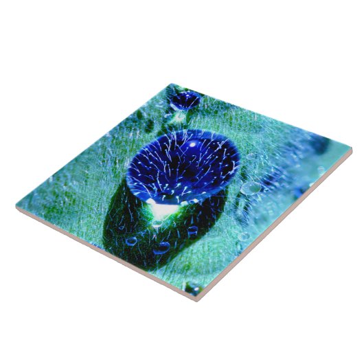 Blaue Regentropfen-Wasser-Perlen, Quadrat Keramik Fliese (Seite)