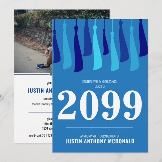 Blaue Reihe von Tassels Foto Abschluss Einladung (Vorne/Hinten)