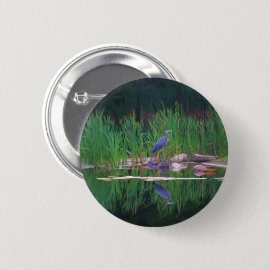 Blaue Reiher-Reflexions-Tiermalerei-Knopf Button (Vorne & Hinten)