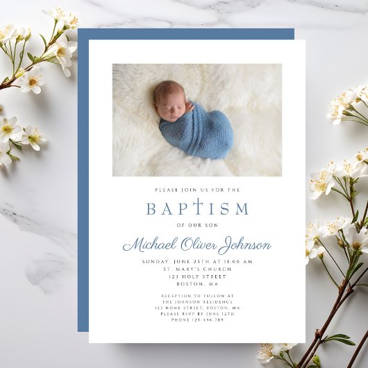Blaue religiöse Cross Boy Foto Taufe Einladung