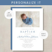 Blaue religiöse Cross Boy Foto Taufe Einladung