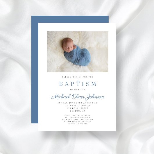 Blaue religiöse Cross Boy Foto Taufe Einladung